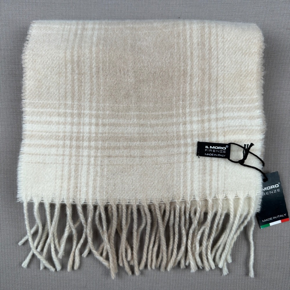 Il Moro Firenze Wool Cashmere Scarf Made in Italy Plaid Cream Beige RN 75343